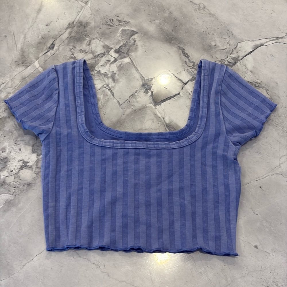 Blue Ribbed Square Neck Top